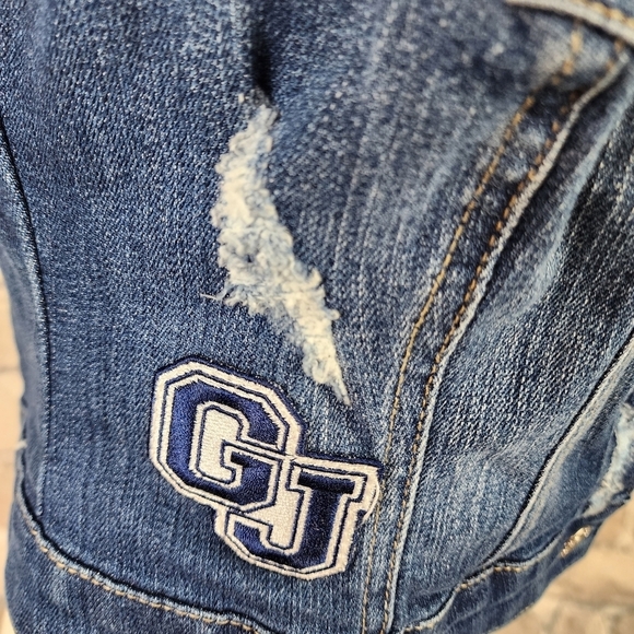 Guess Distressed Denim Vest Medium Blue Wash Button Front Studded Patches Size M - Picture 7 of 16